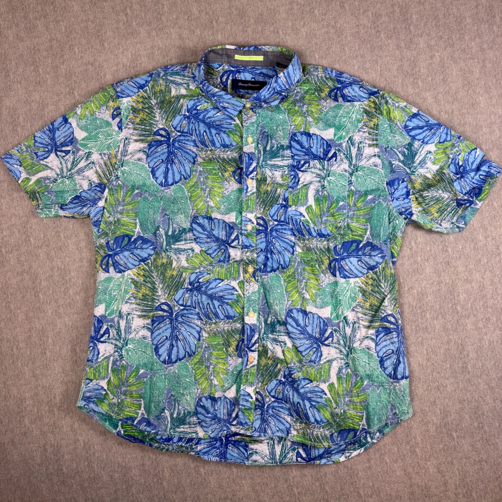 TOMMY BAHAMA Mens 3XL Tropical Monstera Leaf Print Button Down Shirt Blue Green